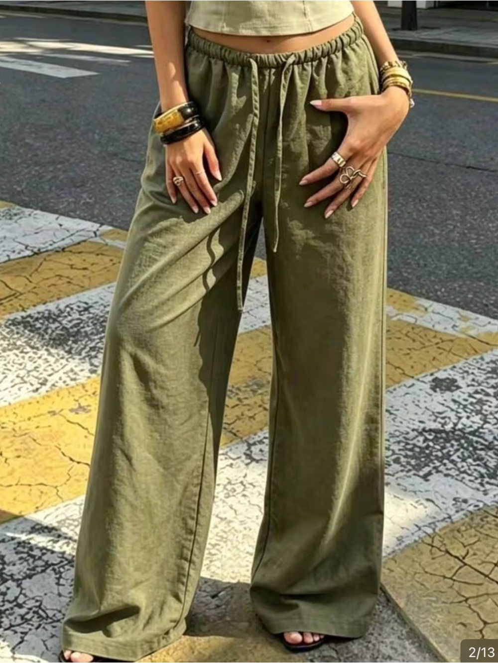 Wide Leg Drawstring Pants in Olive Green